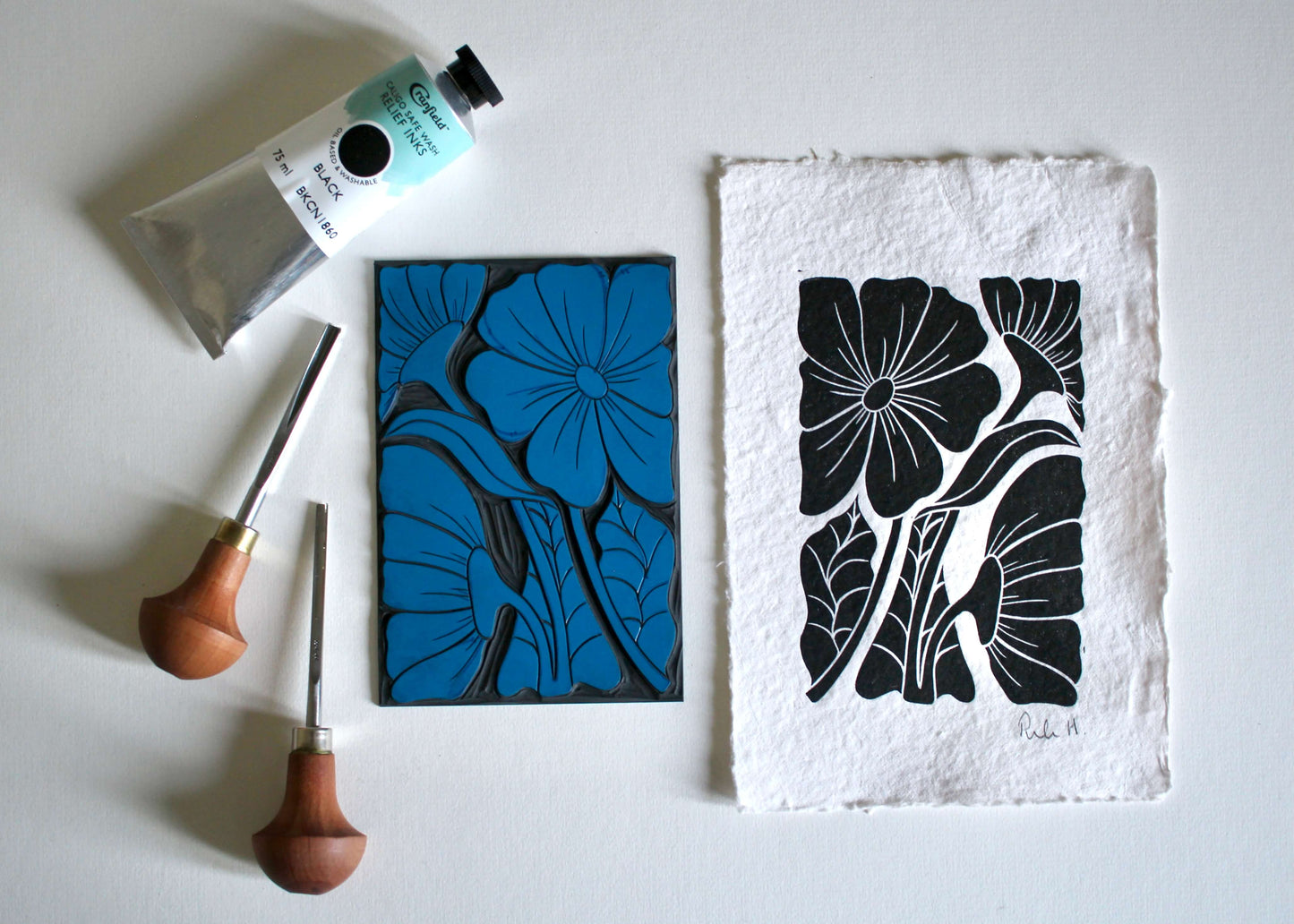 Bold & Beautiful Abstract Flowers Linocut | Handprinted A5 Art Print on Cotton Rag Paper