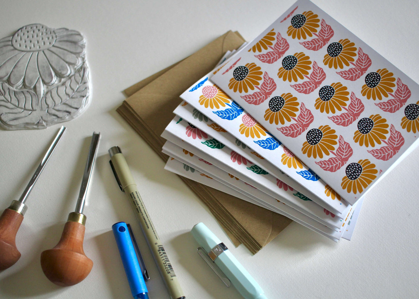 Cone Flower Block Print Notecards | Set of 8 Notecards & Envelopes