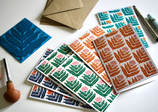 Dandelion Flower Block Print Notecards | Set of 8 Notecards & Envelopes
