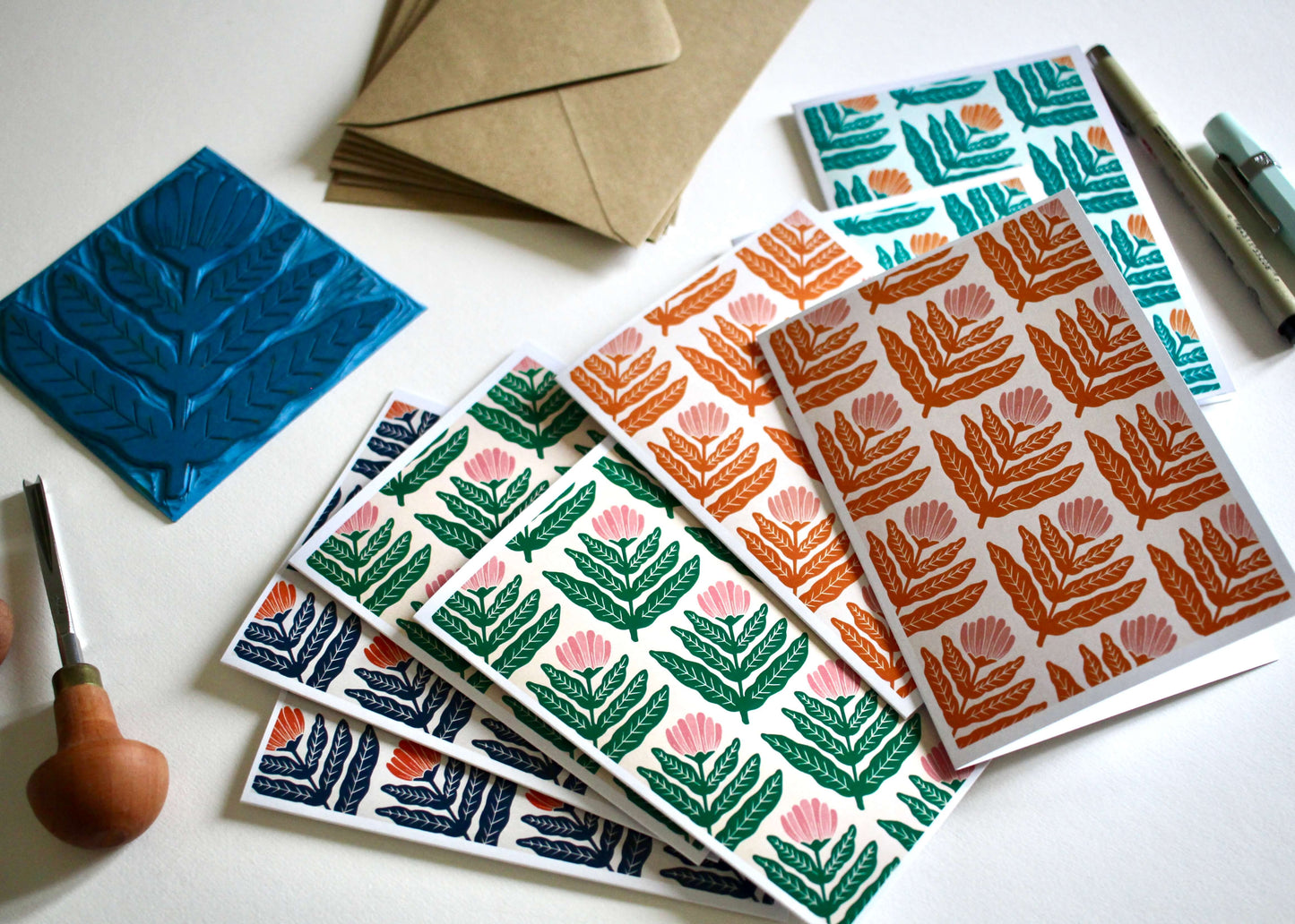 Dandelion Flower Block Print Notecards | Set of 8 Notecards & Envelopes