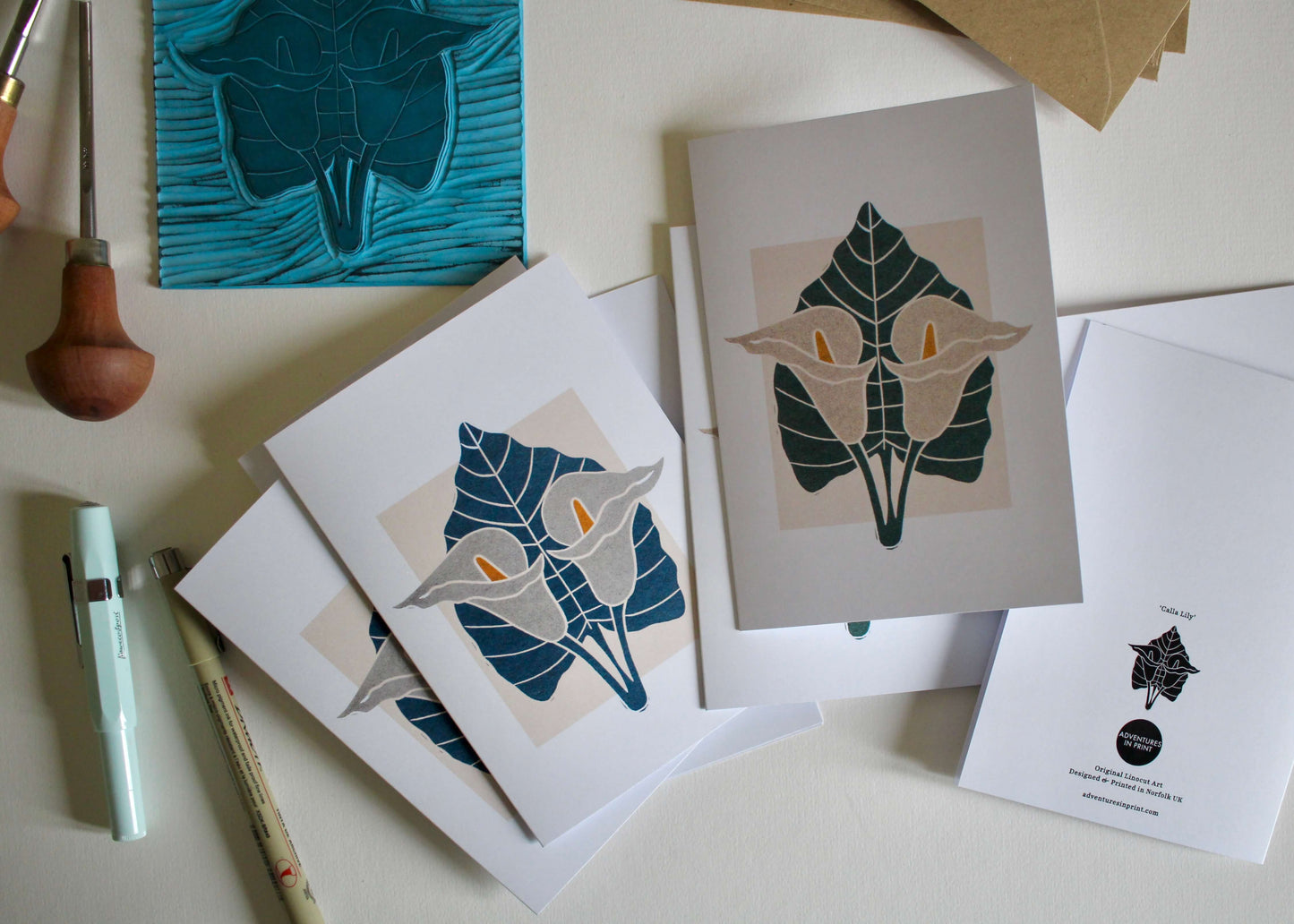 Calla Lily Block Print Notecards | Set of 8 Notecards & Envelopes