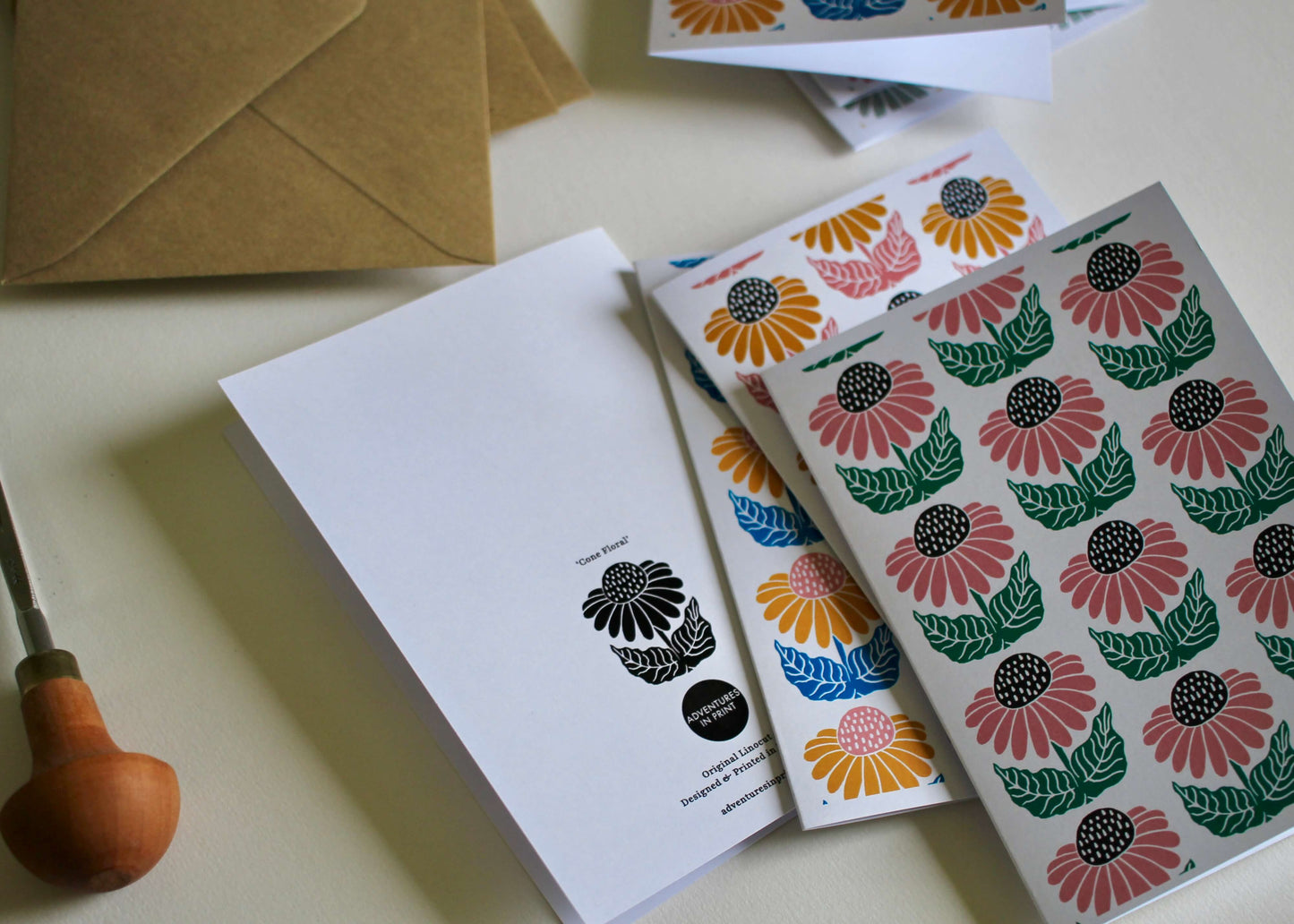 Cone Flower Block Print Notecards | Set of 8 Notecards & Envelopes