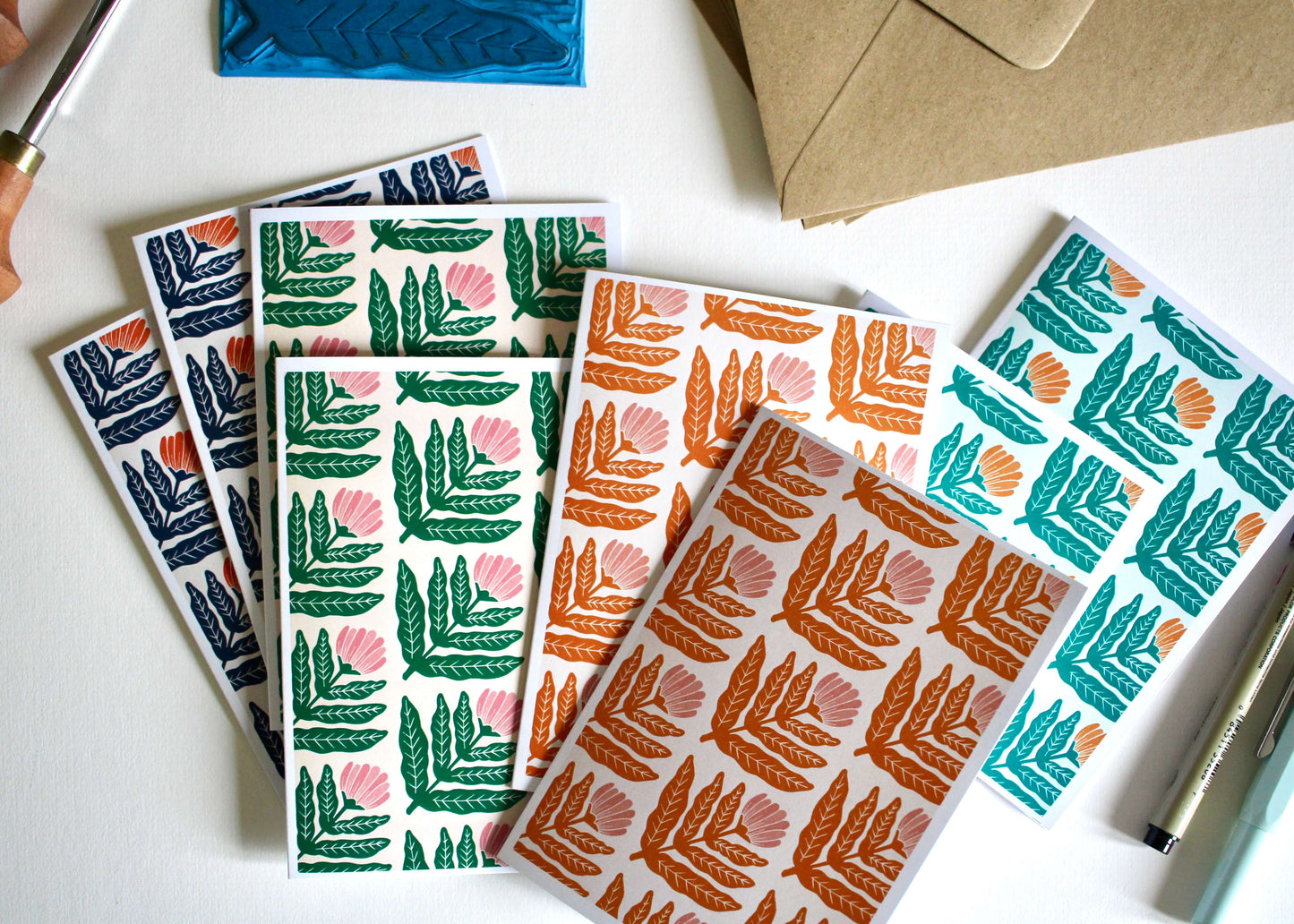 Dandelion Flower Block Print Notecards | Set of 8 Notecards & Envelopes