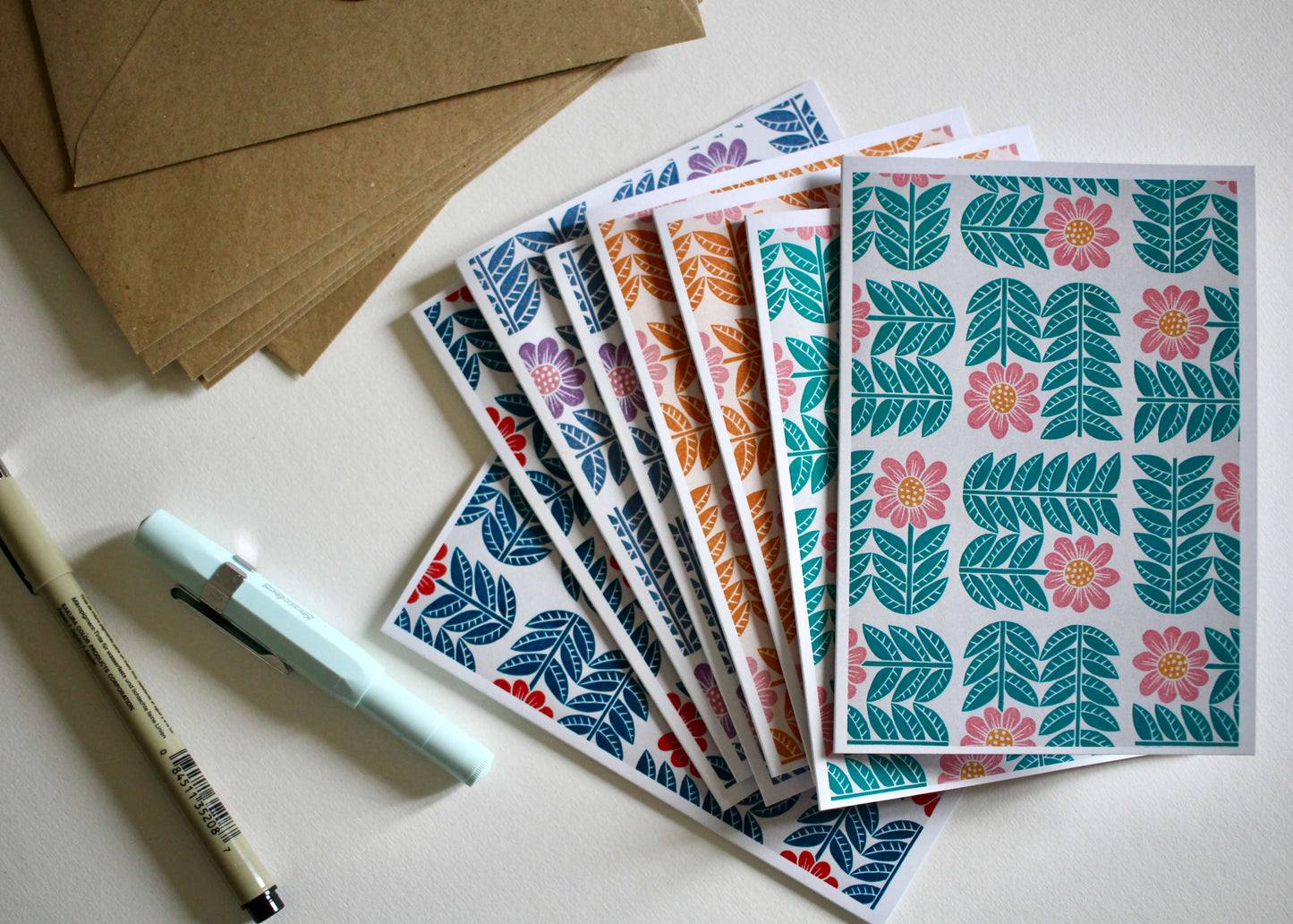 Garden Flowers Block Print Notecards | Set of 8 Notecards & Envelopes