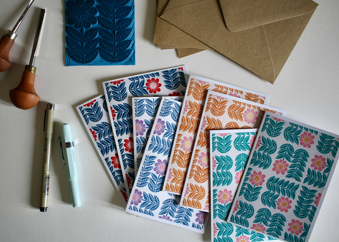Garden Flowers Block Print Notecards | Set of 8 Notecards & Envelopes