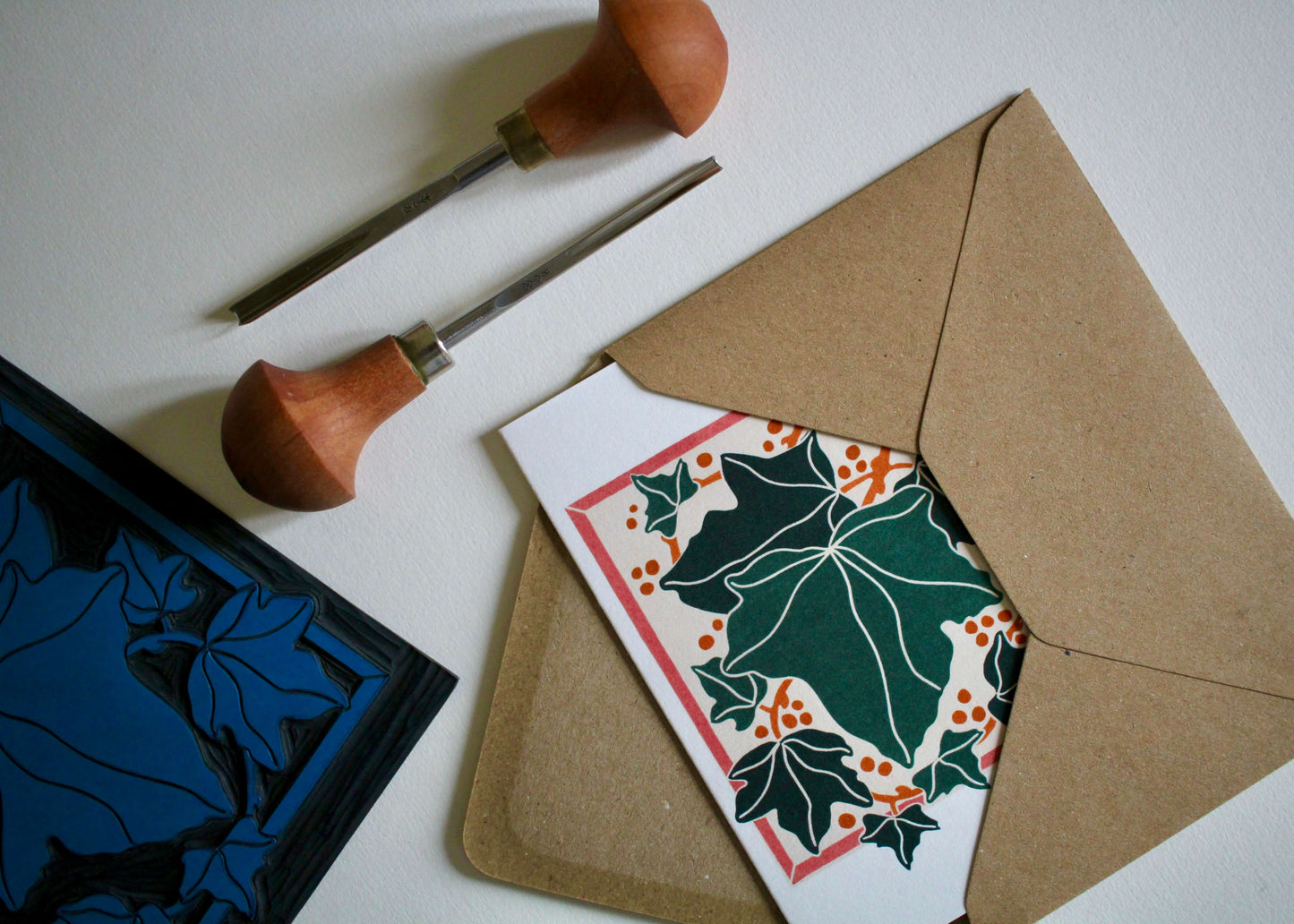 Linocut Ivy Leaves Festive Card | Single Card & Envelope