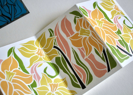 Daffodils Linocut Concertina Card (March birth flower) | Single Card & Envelope