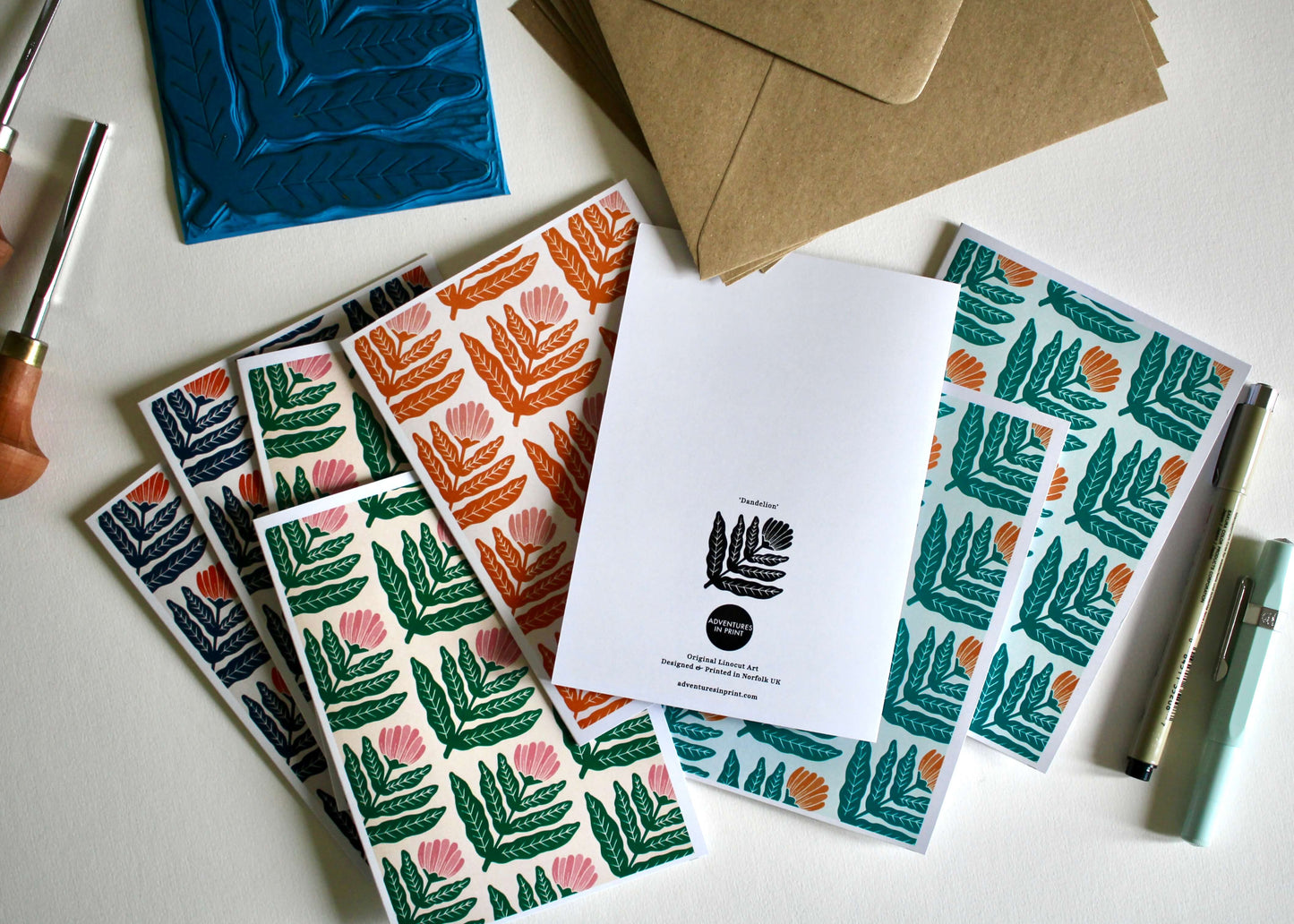 Dandelion Flower Block Print Notecards | Set of 8 Notecards & Envelopes