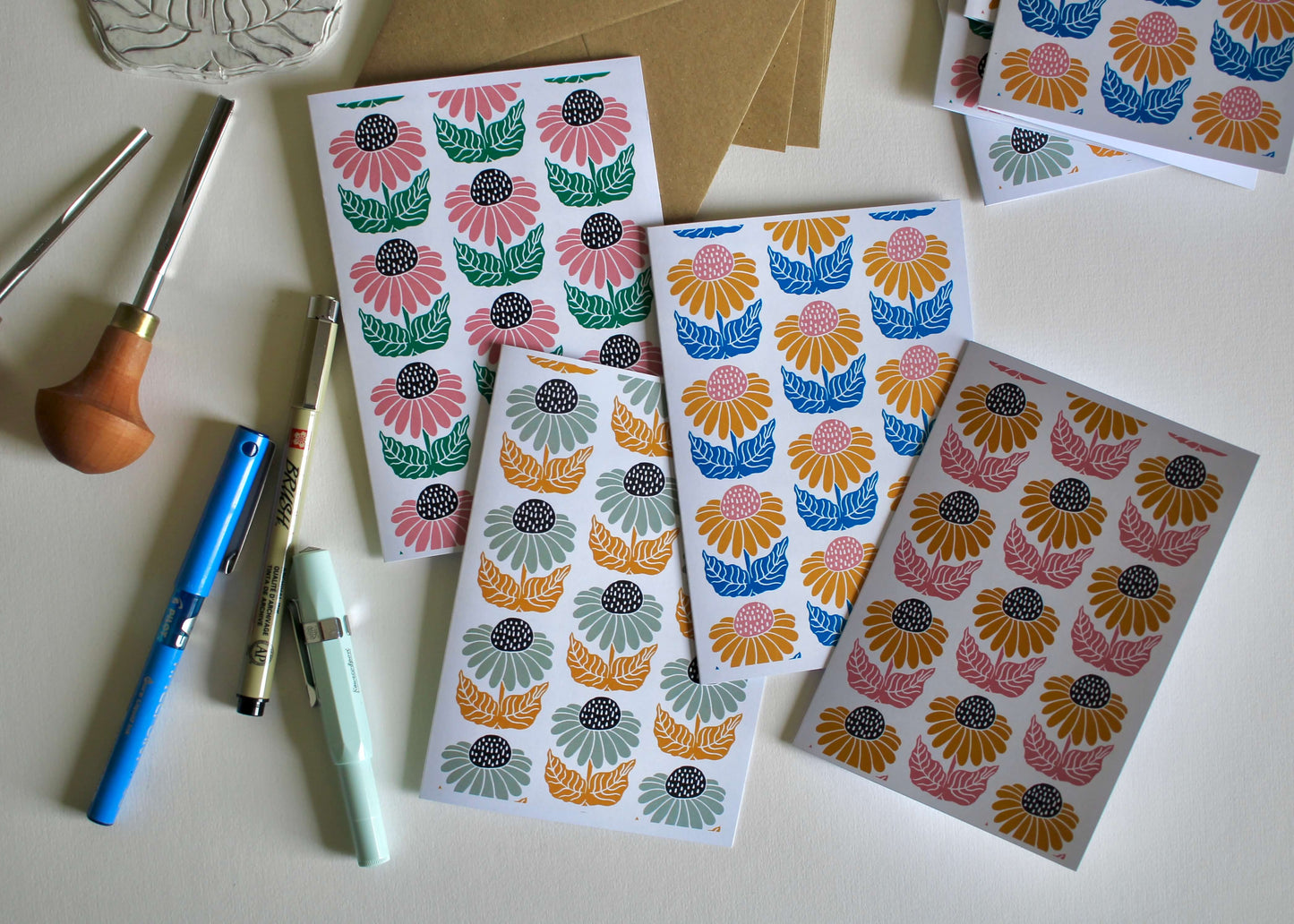 Cone Flower Block Print Notecards | Set of 8 Notecards & Envelopes