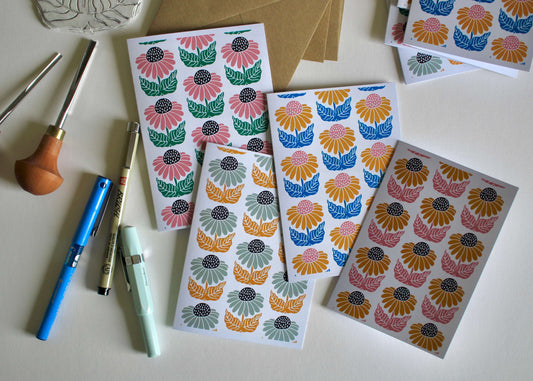 Cone Flower Block Print Notecards | Set of 8 Notecards & Envelopes