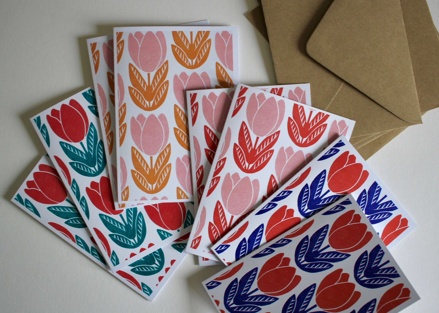Tulip Block Print Pattern Cards | Set of 8 Notecards & Envelopes