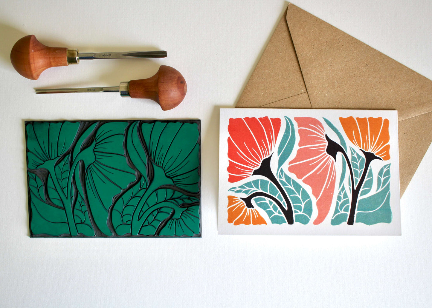 Happy Floral Linocut Greeting Card | Single Card & Envelope