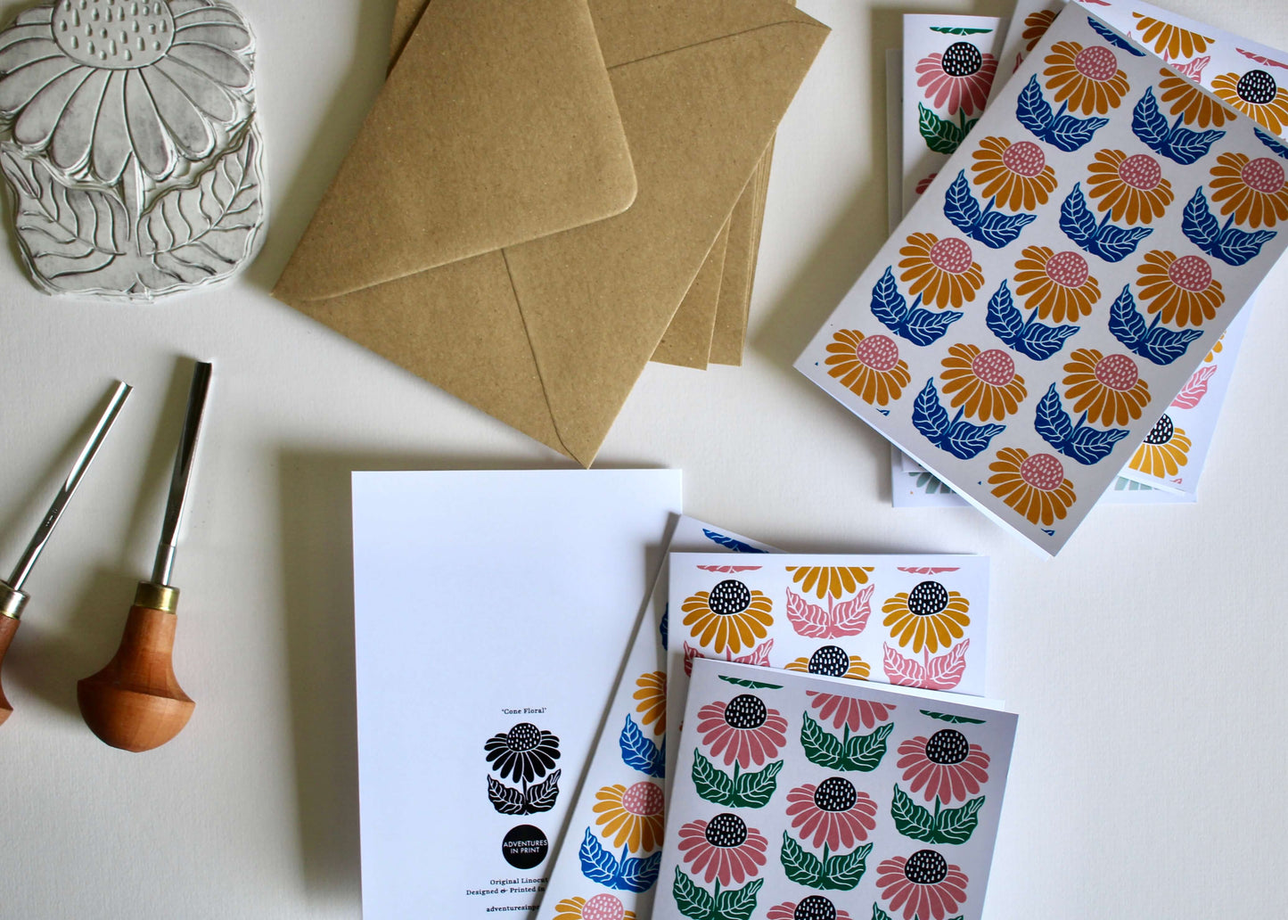 Cone Flower Block Print Notecards | Set of 8 Notecards & Envelopes