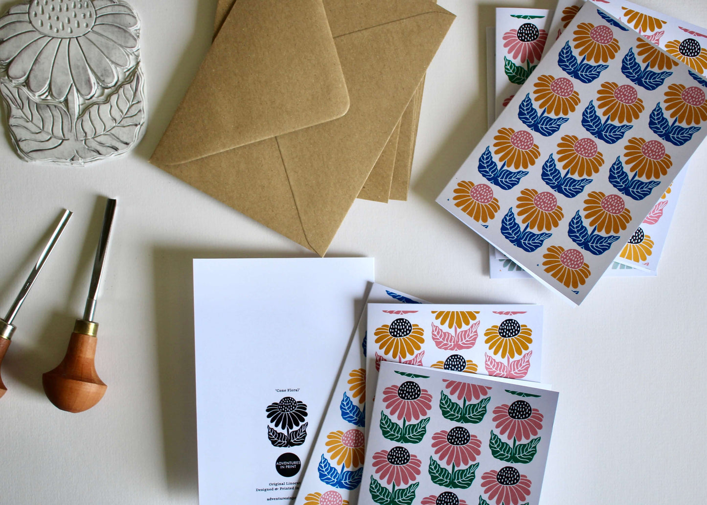 Cone Flower Block Print Notecards - Set of 8