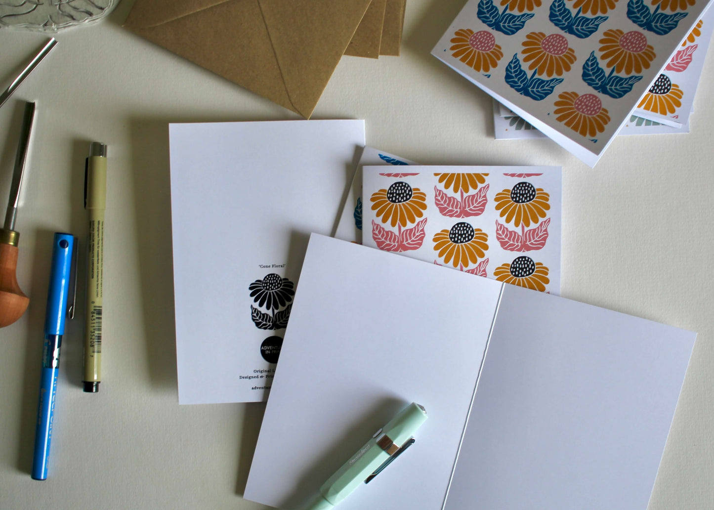 Cone Flower Block Print Notecards | Set of 8 Notecards & Envelopes