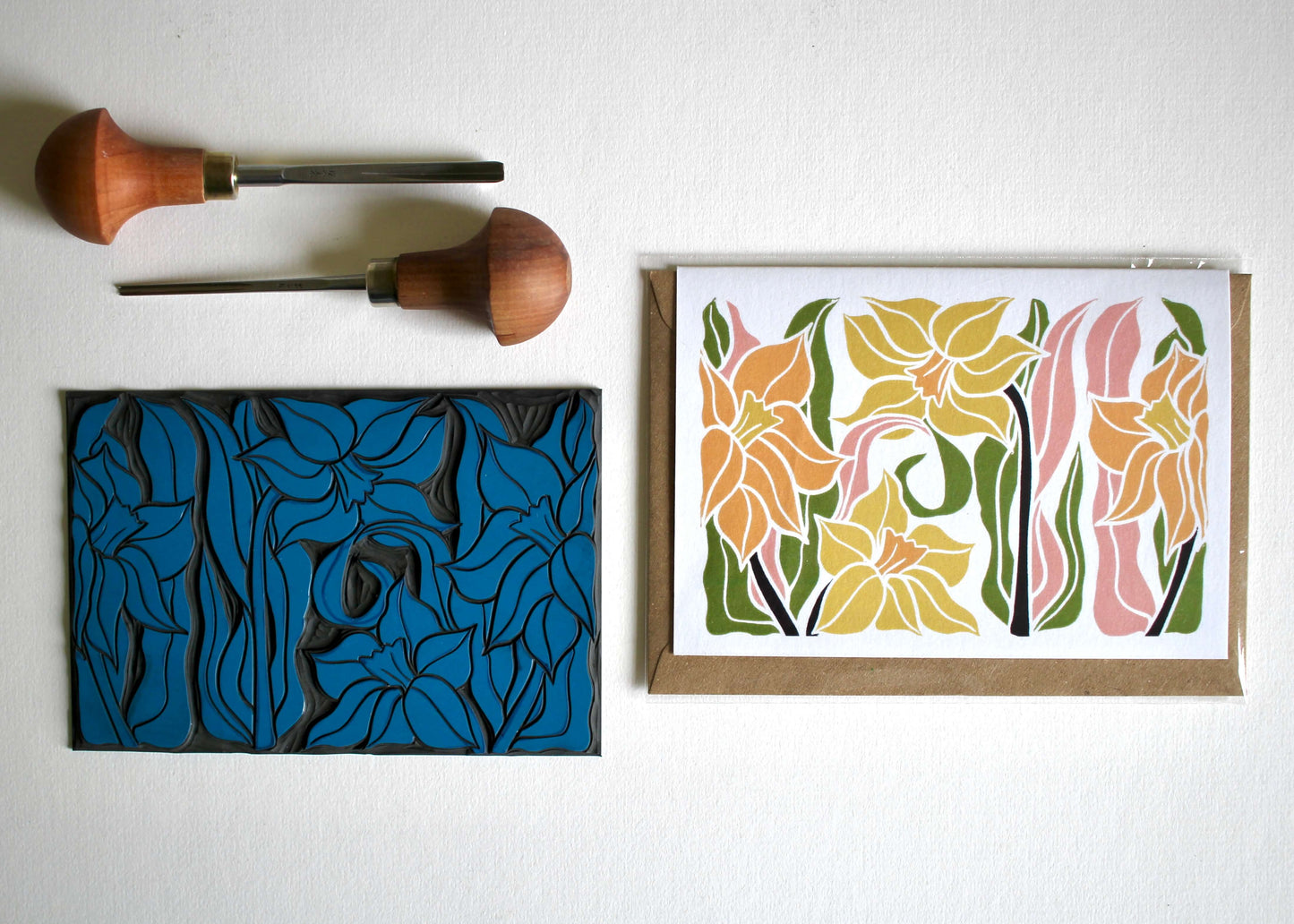 Daffodils Linocut Art Greeting Card | Single Card & Envelope