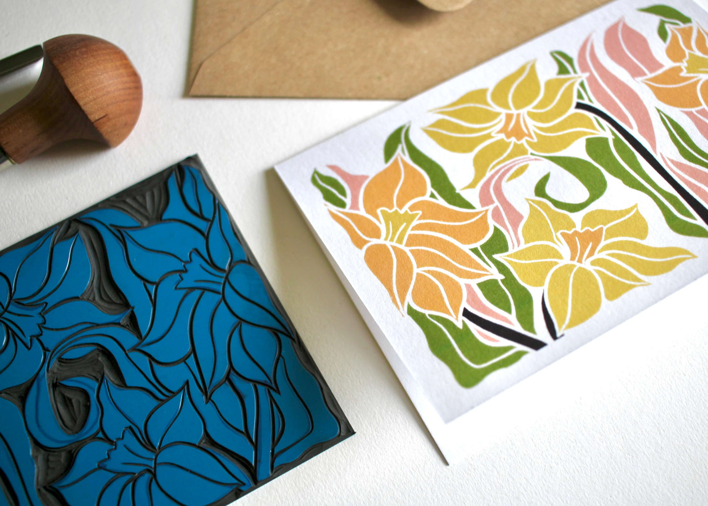 Daffodils Linocut Art Greeting Card | Single Card & Envelope