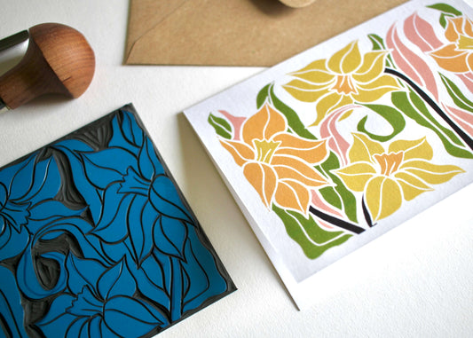 Daffodils Linocut Art Greeting Card | Single Card & Envelope