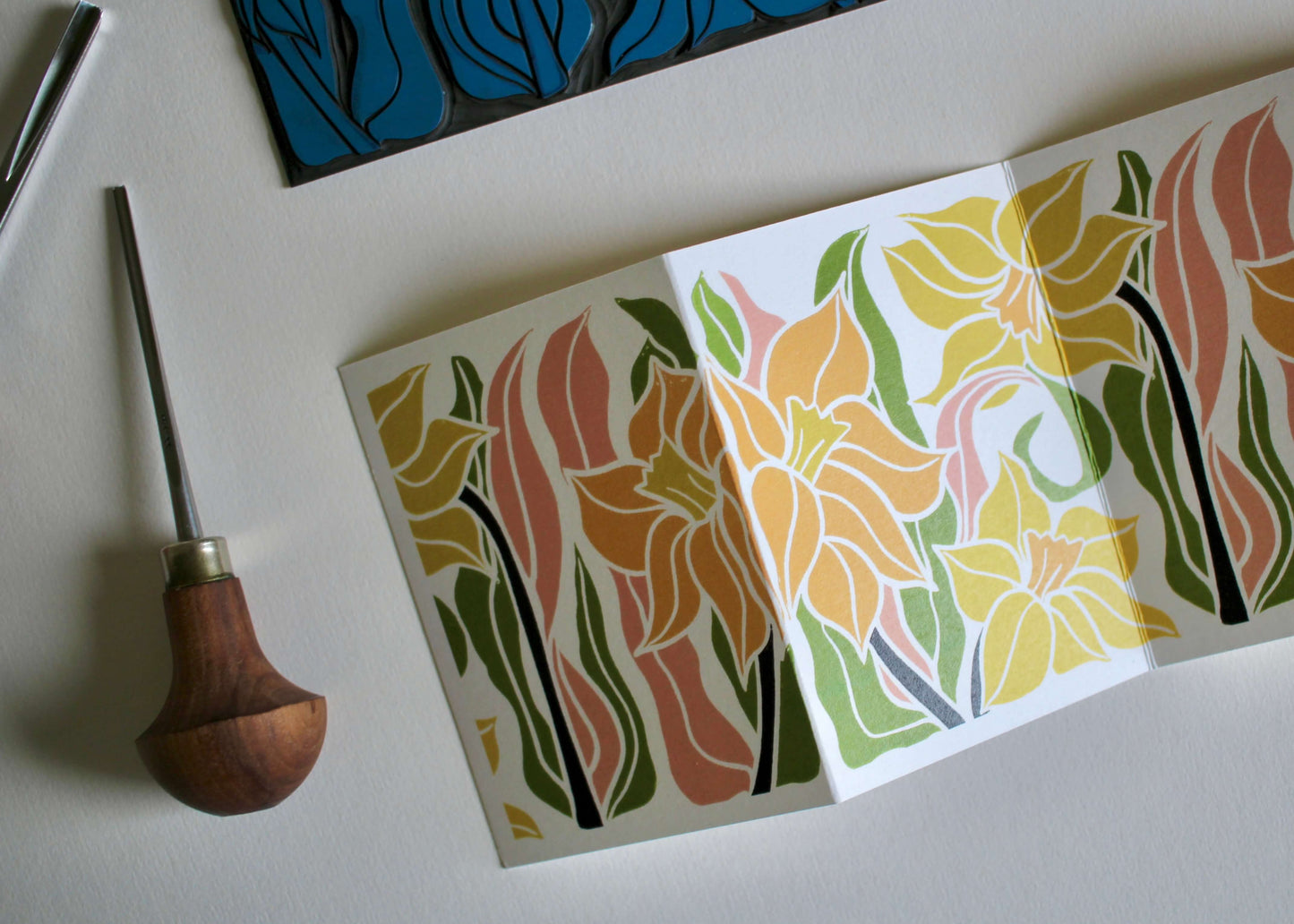 Daffodils Linocut Concertina Card (March birth flower) | Single Card & Envelope