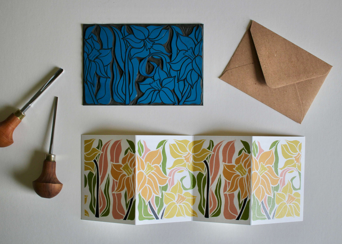 Daffodils Linocut Concertina Card (March birth flower) | Single Card & Envelope