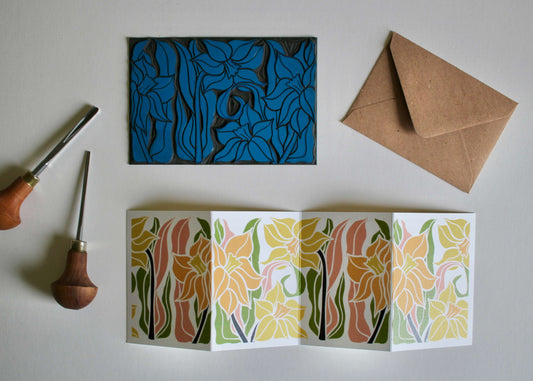 Daffodils Linocut Concertina Card (March birth flower) | Single Card & Envelope