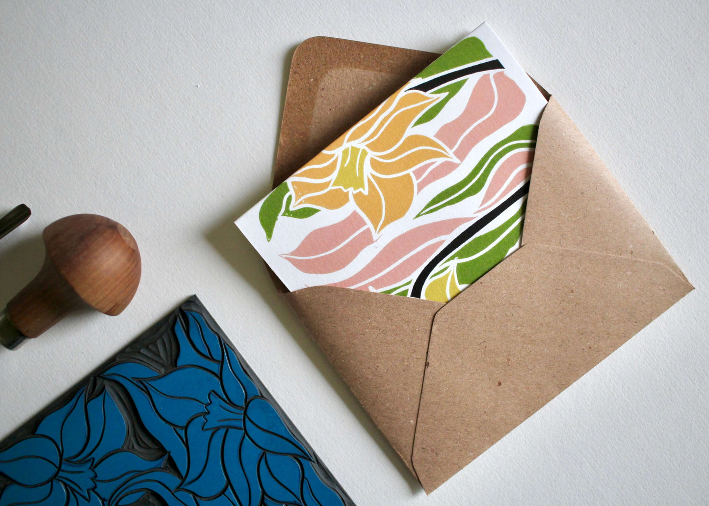 Daffodils Linocut Concertina Card (March birth flower) | Single Card & Envelope