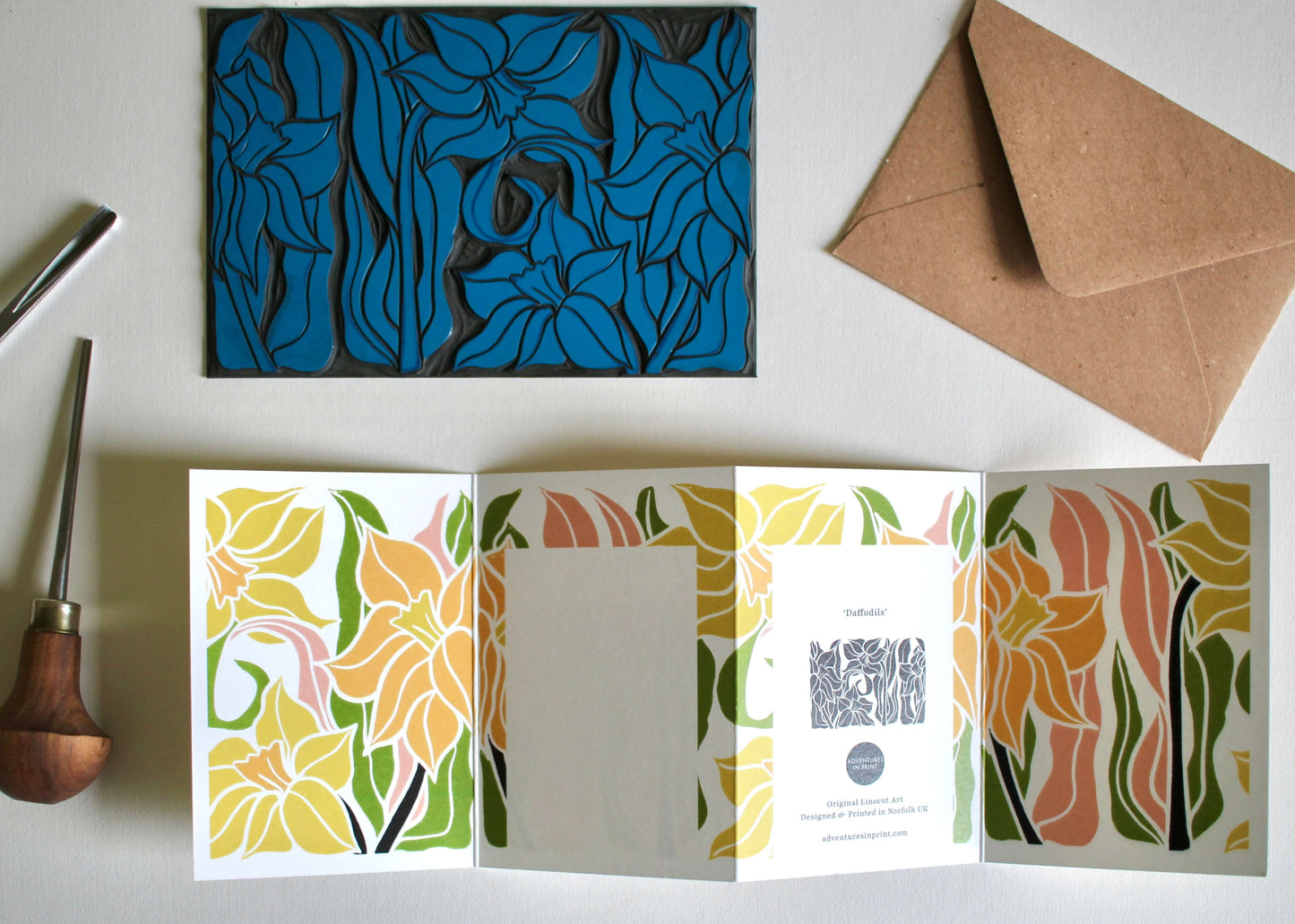 Daffodils Linocut Concertina Card (March birth flower) | Single Card & Envelope