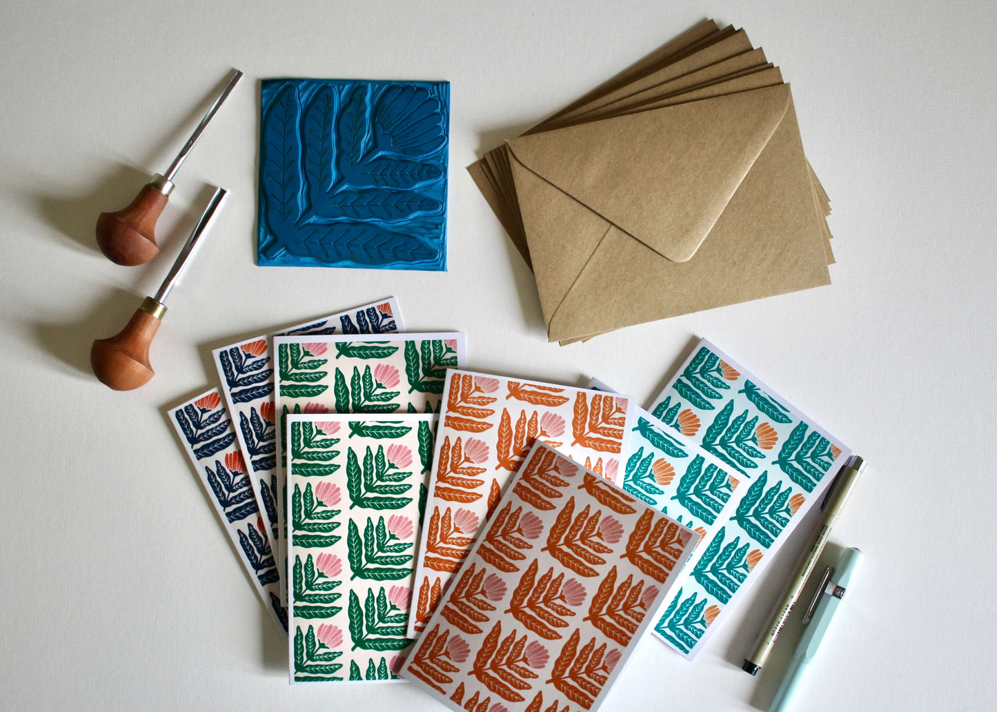 Dandelion Flower Block Print Notecards | Set of 8 Notecards & Envelopes