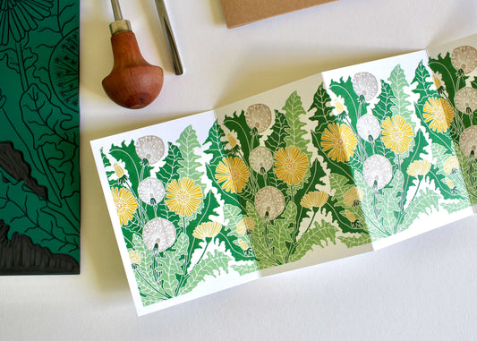 Dandelions Linocut Concertina Card | Single Card & Envelope