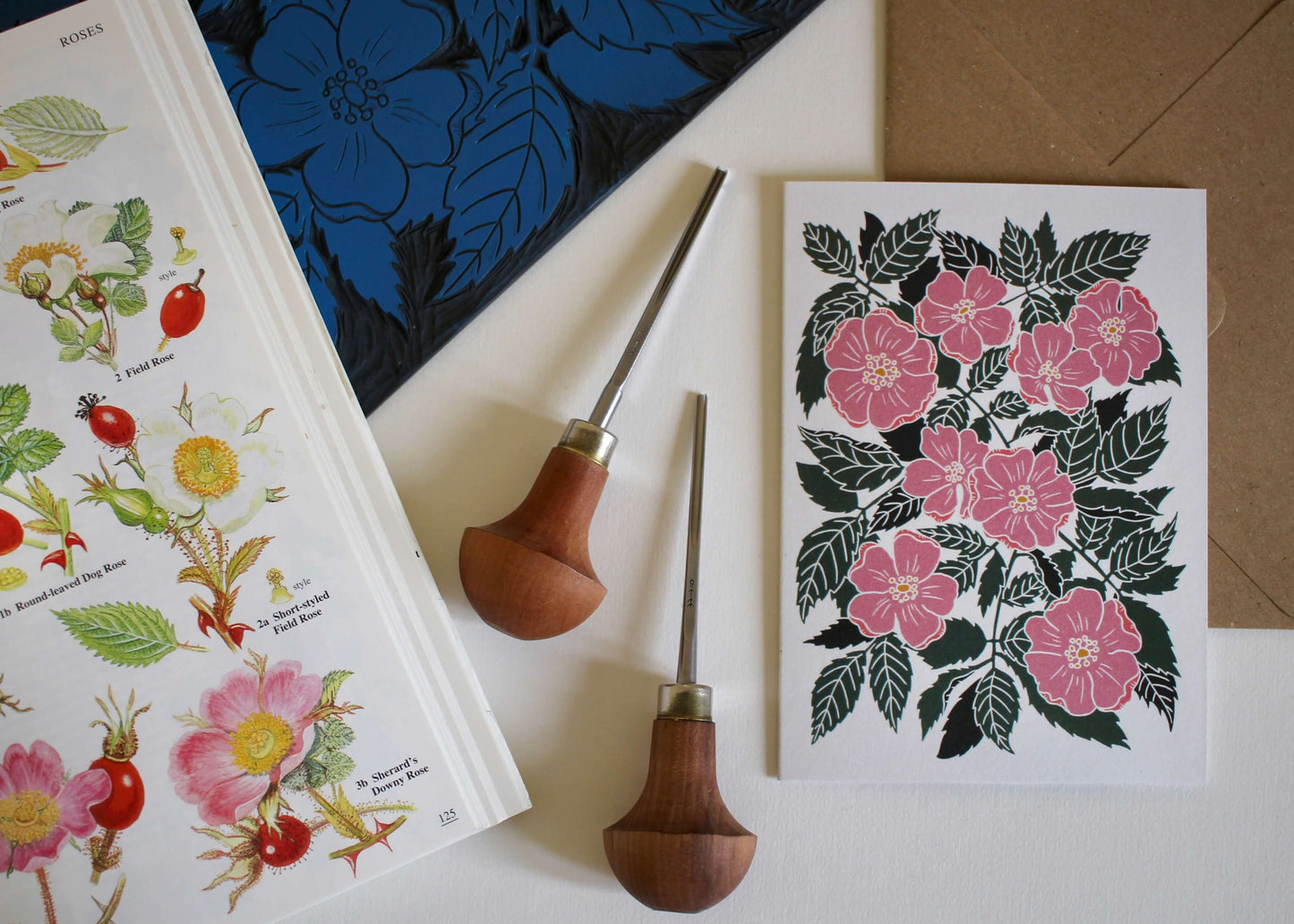 Luxury Linocut Dog Rose Card | Single Card & Envelope