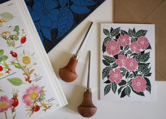 Luxury Linocut Dog Rose Card | Single Card & Envelope