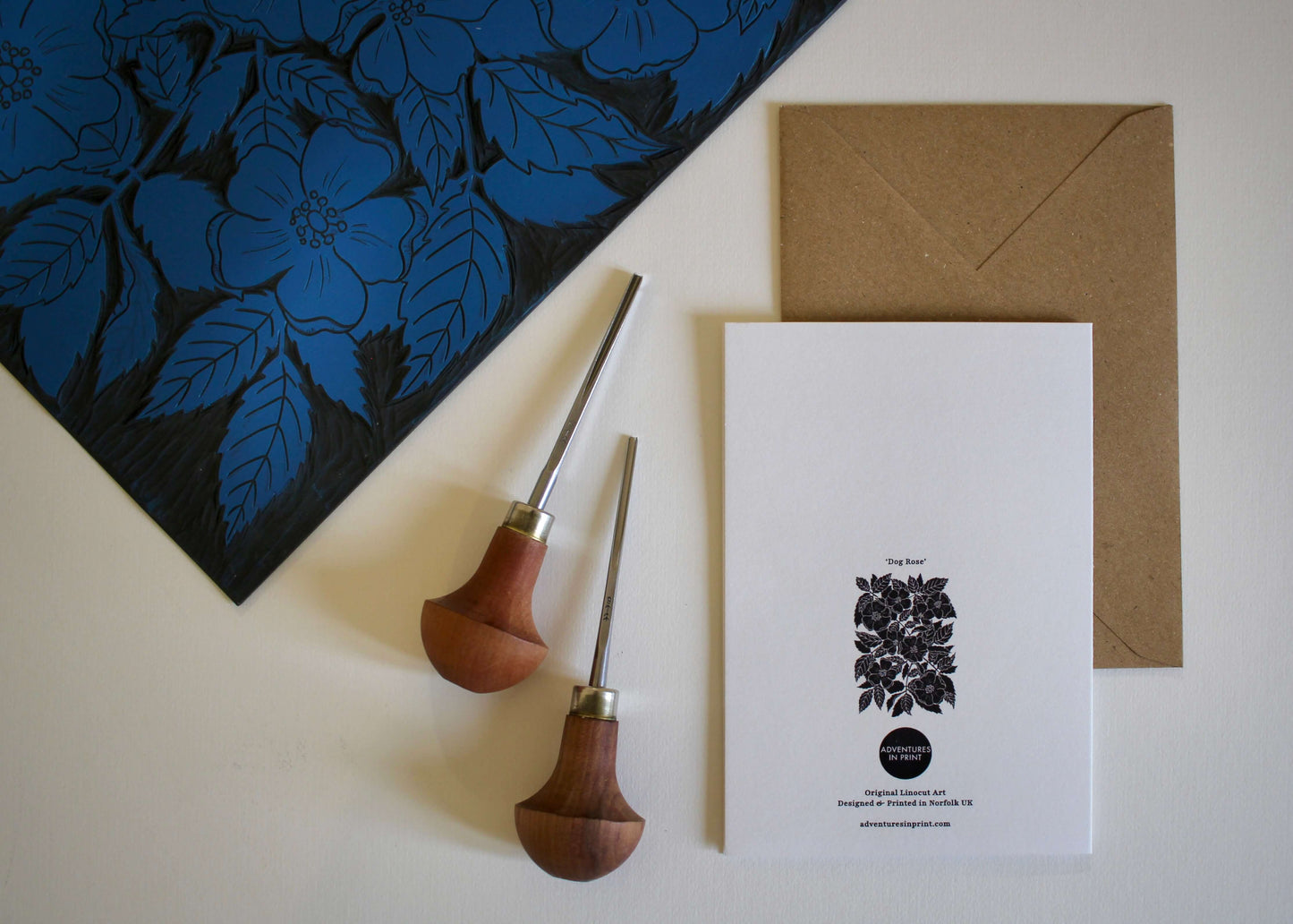 Luxury Linocut Dog Rose Card | Single Card & Envelope