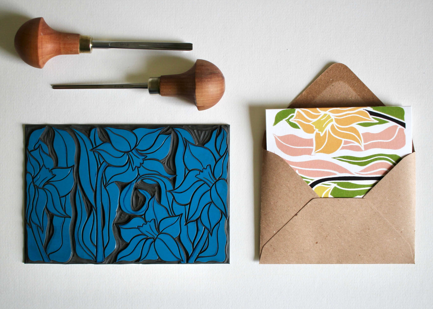 Daffodils Linocut Concertina Card (March birth flower) | Single Card & Envelope