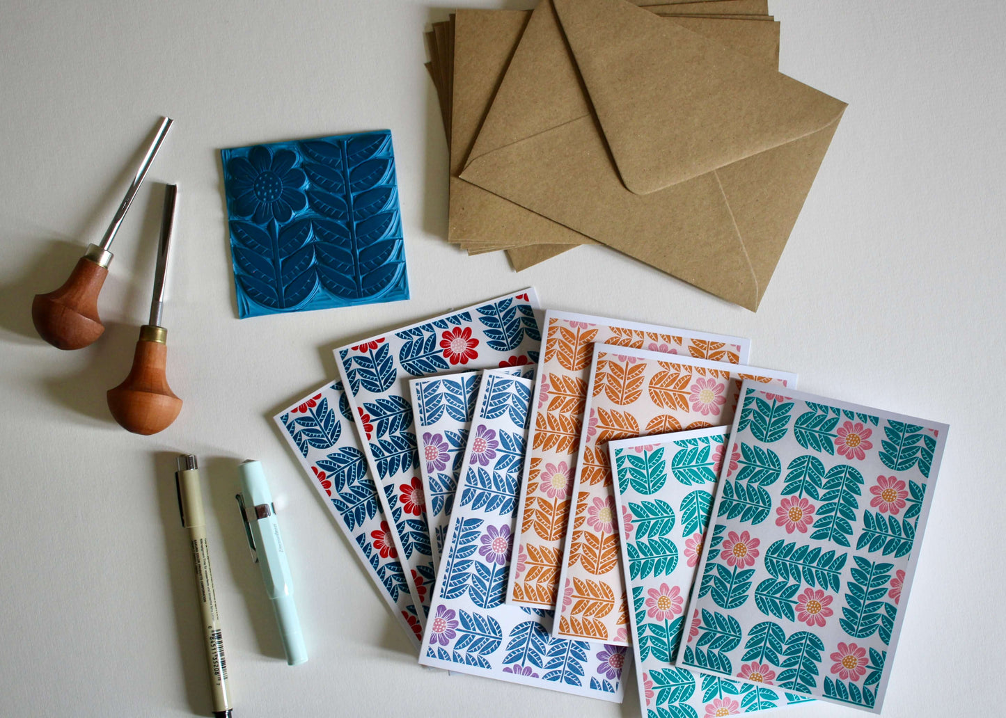 Garden Flowers Block Print Notecards | Set of 8 Notecards & Envelopes