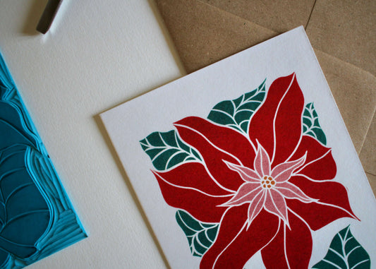 Traditional Poinsettia Christmas Card - Single card with envelope