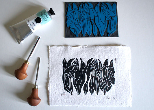 Hand Printed Snowdrops Linocut on Cotton Rag Paper