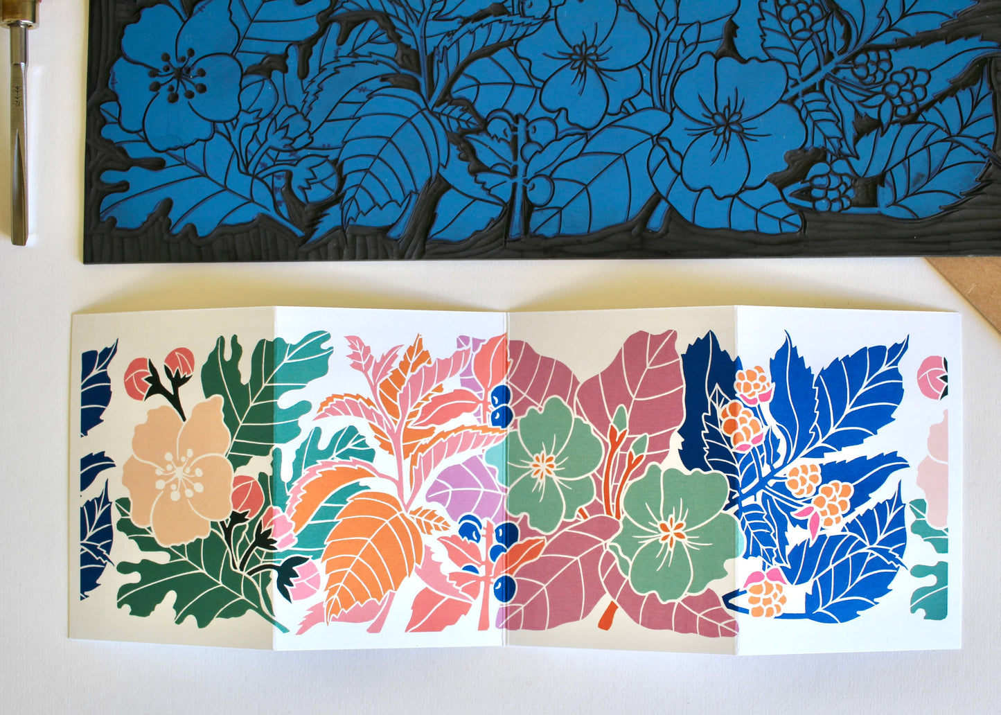 Happy Hedgerow Linocut Concertina Card | Single Card & Envelope