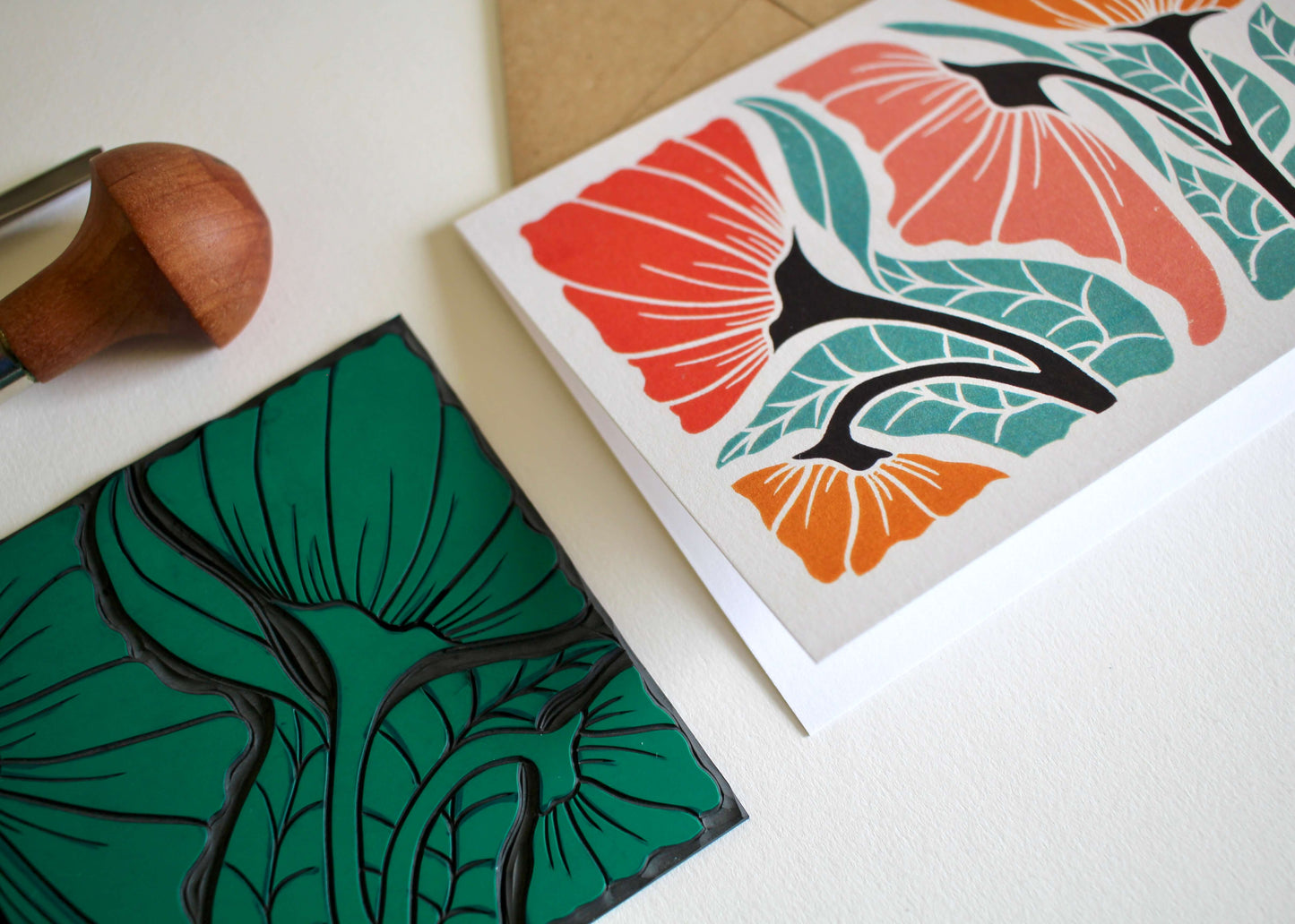 Happy Floral Linocut Greeting Card | Single Card & Envelope