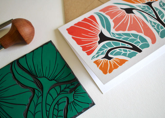 Happy Floral Linocut Greeting Card | Single Card & Envelope