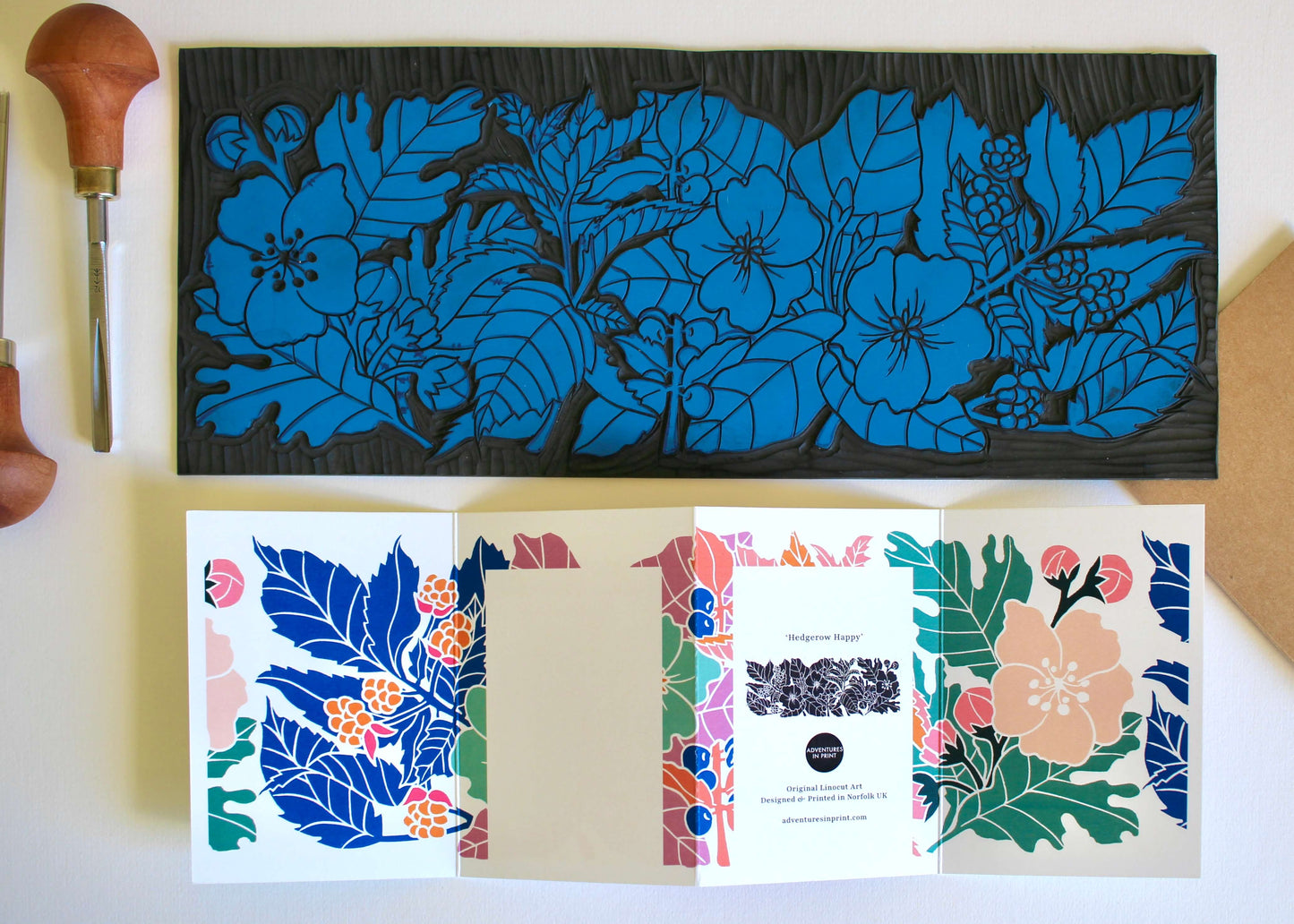 Happy Hedgerow Linocut Concertina Card | Single Card & Envelope