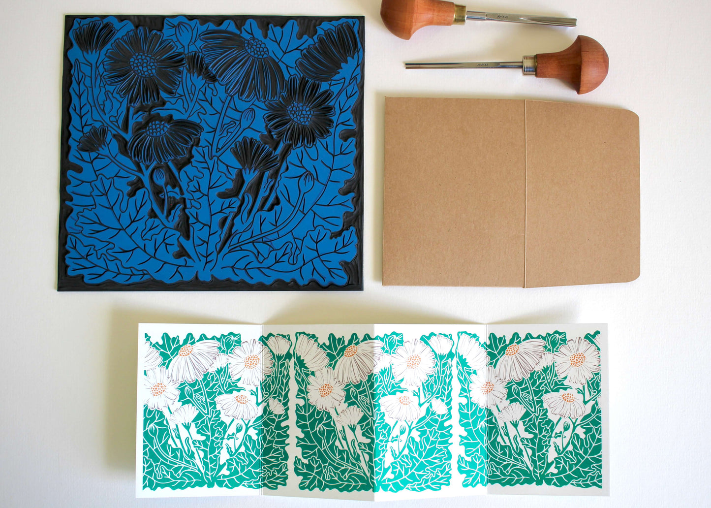 Feverfew Daisies Linocut Concertina Card | Single Card with Envelope