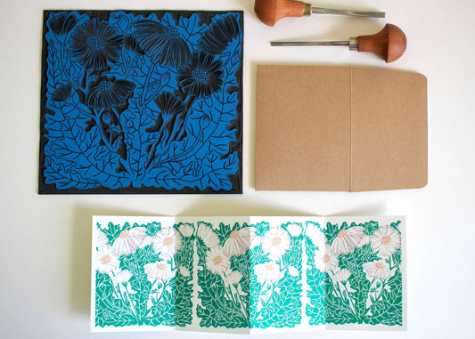 Feverfew Daisies Linocut Concertina Card | Single Card with Envelope