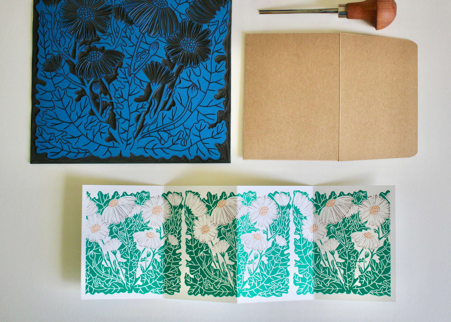 Feverfew Daisies Linocut Concertina Card | Single Card with Envelope