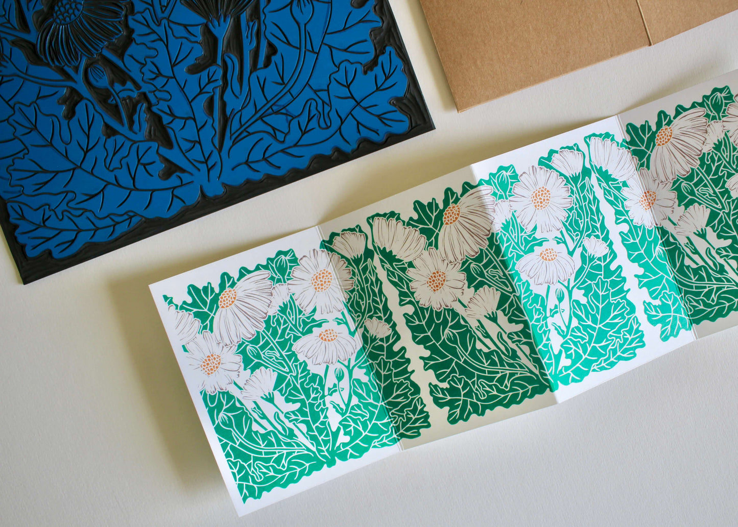 Feverfew Daisies Linocut Concertina Card | Single Card with Envelope