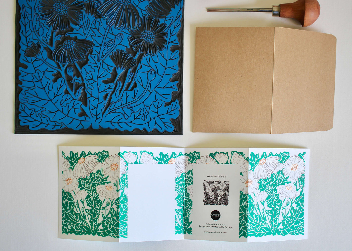 Feverfew Daisies Linocut Concertina Card | Single Card with Envelope