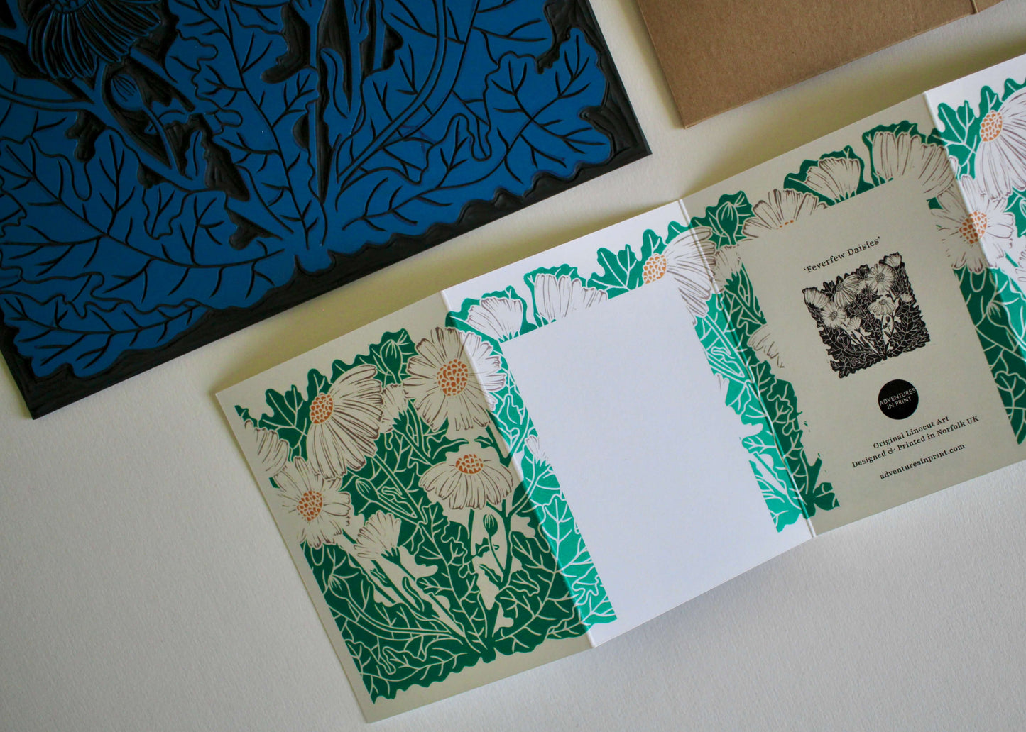 Feverfew Daisies Linocut Concertina Card | Single Card with Envelope