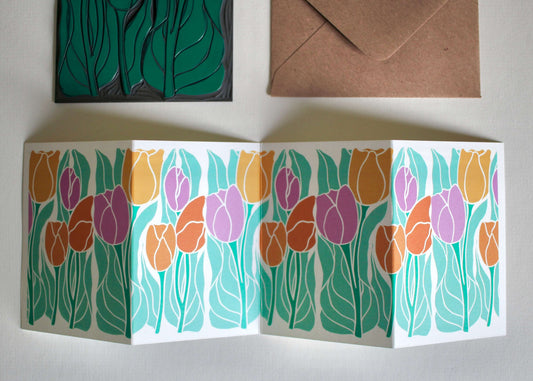 Spring Tulips Linocut Concertina Card | Single Card & Envelope
