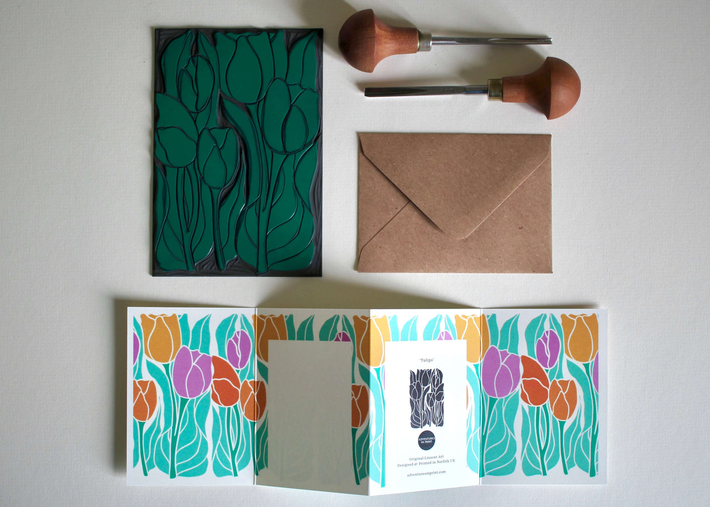 Spring Tulips Linocut Concertina Card | Single Card & Envelope