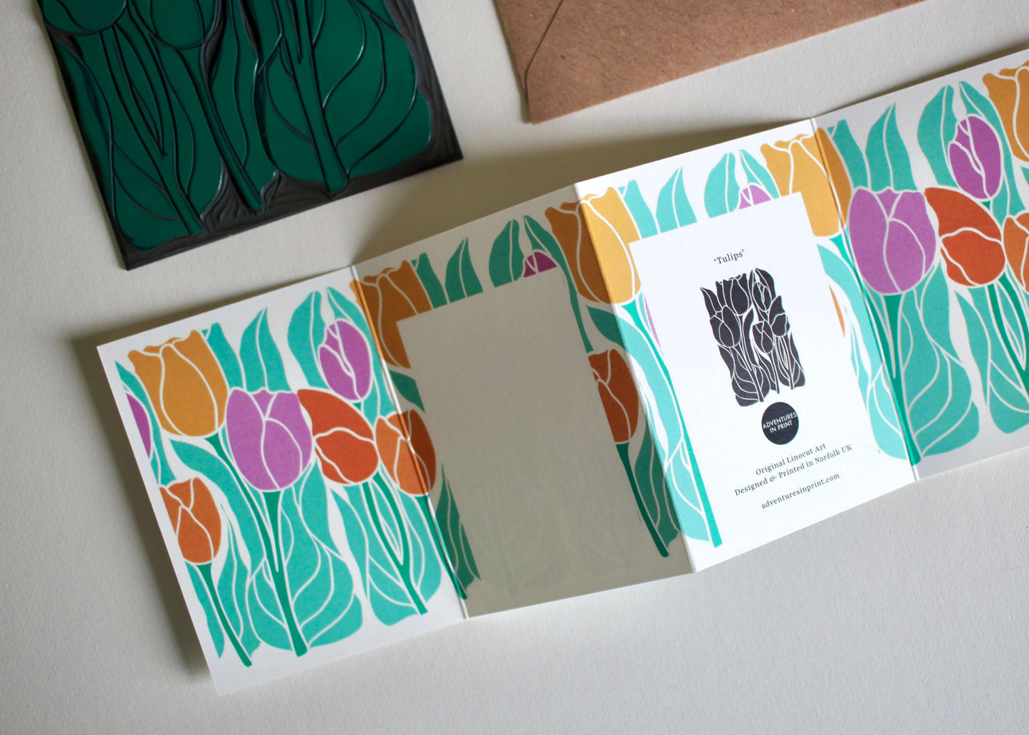 Spring Tulips Linocut Concertina Card | Single Card & Envelope