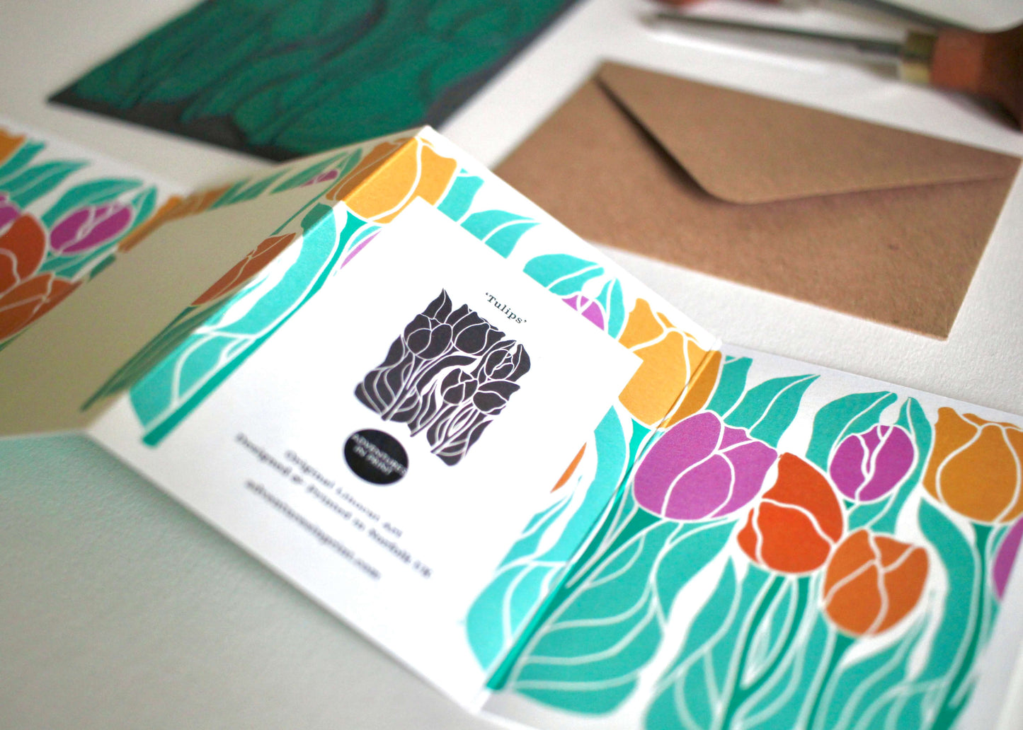 Spring Tulips Linocut Concertina Card | Single Card & Envelope
